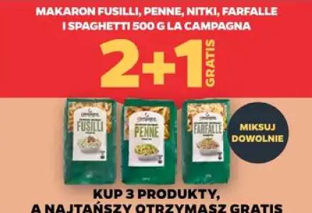 Makaron fusilli, penne, nitki, farfalle i spaghetti 500 g 2+1 GRATIS