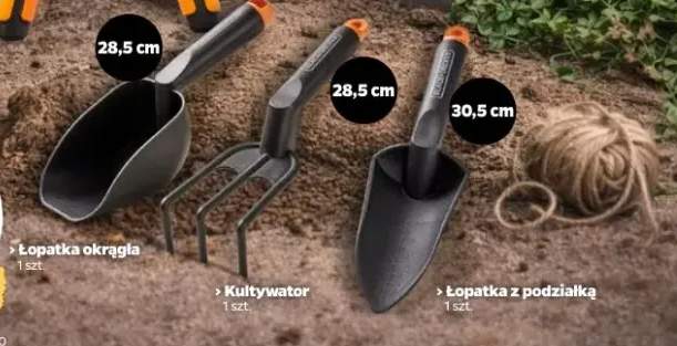 Narzędzia ręczne (różne rodzaje): łopatka okrągła, kultywator, łopatka z podziałką
