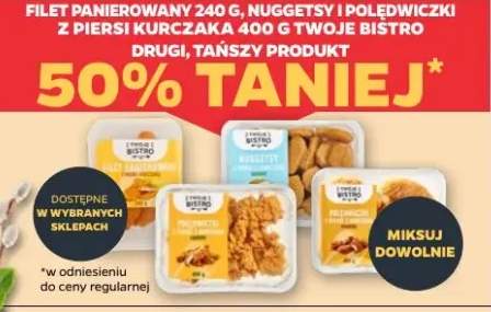 Filet panierowany 240 g, nuggetsy i poledwiczki z piersi kurczaka 400 g Twoje Bistro drugi, tańszy produkt 50% taniej