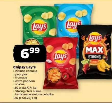 Chipsy zielona cebulka papryka fromage ostra papryka solone zielona cebulka Strong chilli & lime karbowane zielona cebulka