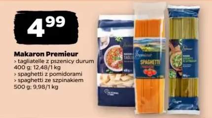 Makaron Premieur tagliatelle z pszenicy durum, spaghetti z pomidorami, spaghetti ze szpinakiem