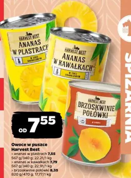 Owoce w puszce ananas w plastrach, ananas w kawałkach, brzoskwinie połówki
