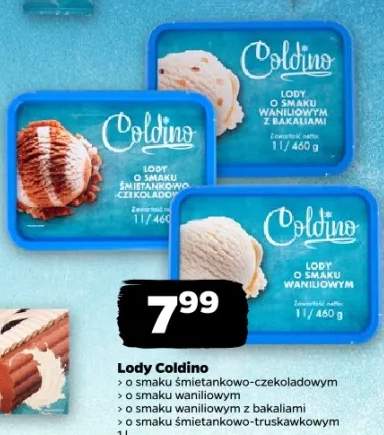 Lody o smaku śmietankowo-czekoladowym, o smaku waniliwym, o smaku waniliwym z bakaliami, o smaku śmietankowo-truskawkowym