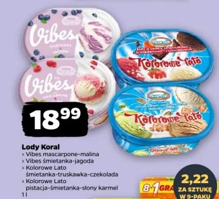 Lody Vibes mascarpone-malina, Vibes śmietanka-jagoda, 1000 Ton śmietanka-truskawka-czekolada, Kolorowe Lato pistacja-śmietanka-słony karmel