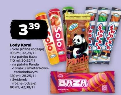 Lody Solo (różne rodzaje), na patyku Baza, na patyku Panda, na patyku smak śmietankowo-czekoladowym, Świderek (różne rodzaje)