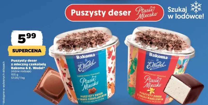 Puszysty deser z mleczną czekoladą o smaku waniliowym Bakoma & E.Wedel Ptasie Mleczko