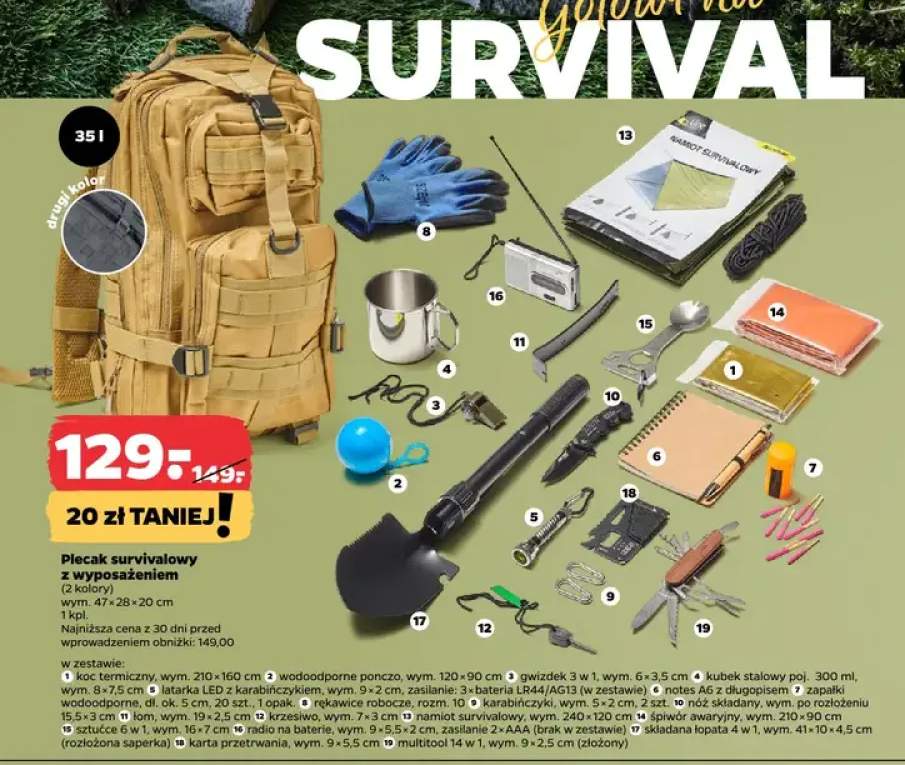 Plecak survivalowy z wyposażeniem wym. 47x28x20cm