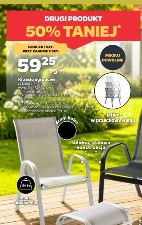 Krzesło ogrodowe wym. 54x72x90cm materiał: tekstylen (70% PVC, 30% poliester), stal maks. obciążenie 120kg