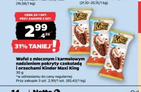 Wafel z mlecznym i karmelowym nadzieniem pokryty czekoladą i orzechami Kinder Maxi King