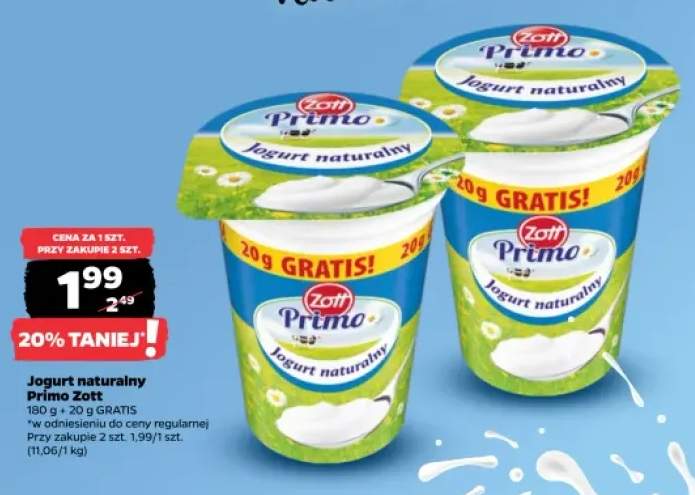 Jogurt naturalny Zott Primo 180 g + 20 g gratis