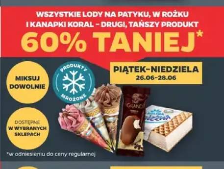 Lody na patyku w rożku i kanapki Koral +3 warianty