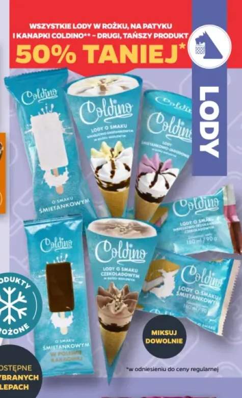 Lody w rożku, na patyku i kanapki Coldino +7 wariantów
