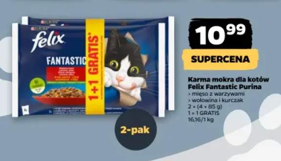 Karma mokra dla kotów Felix Fantastic Purina mięso z warzywami 2-pak +1 wariant