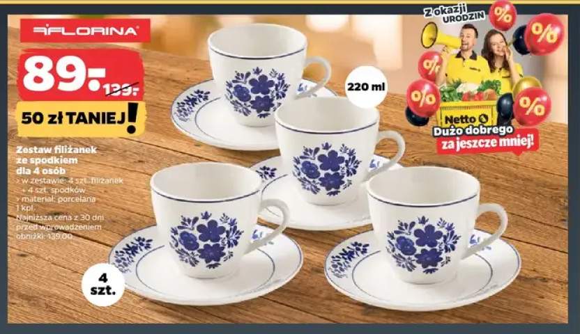Zestaw filiżanek ze spodkiem dla 4 osób Florina