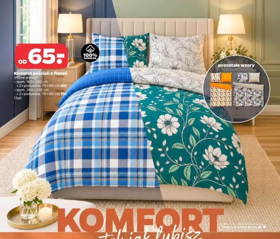 Komplet pościeli z flaneli 160x220 cm + 2 poduszki 70x80 +1 wariant